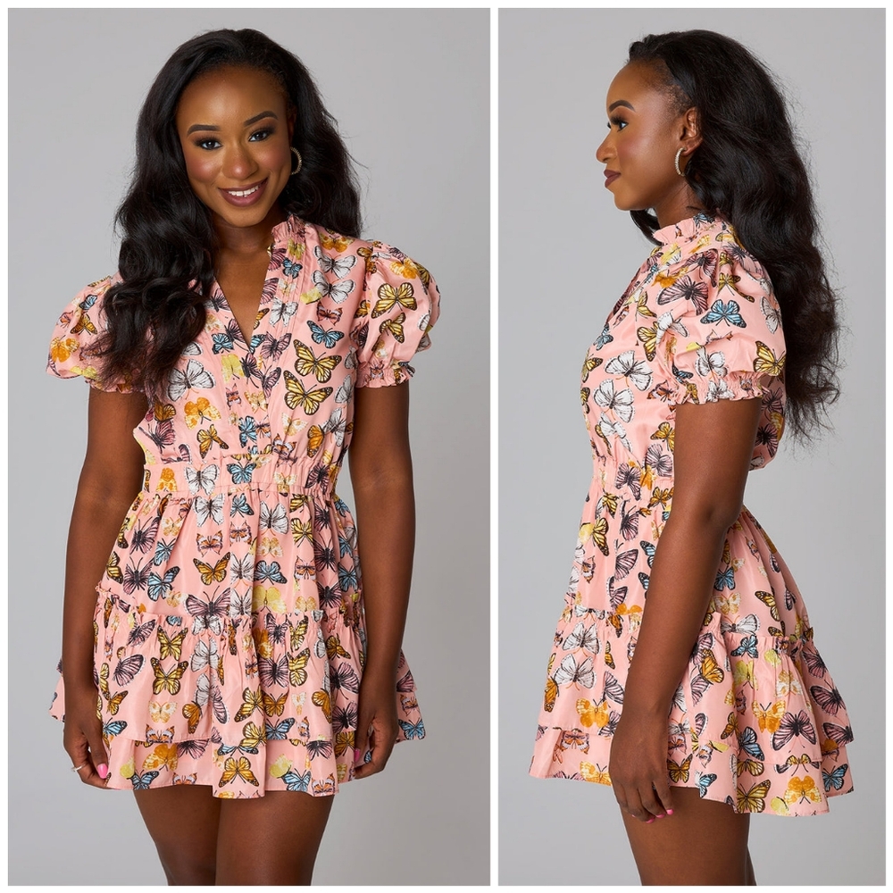 Buddy Love Pink Butterfly Print Short Dress